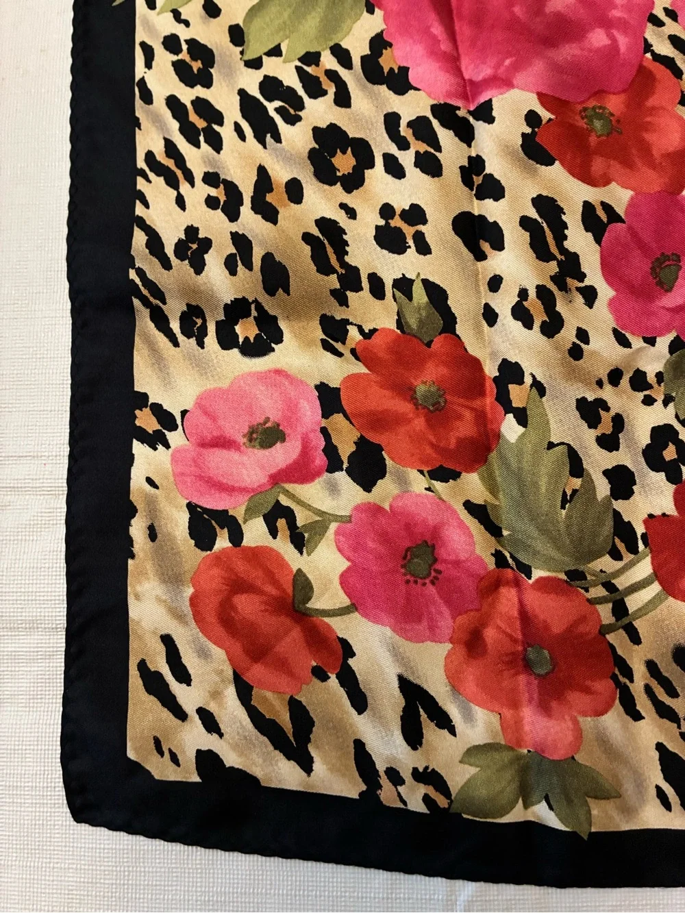 Oscar de la Renta Pink and Red Floral on Leopard Silk Scarf